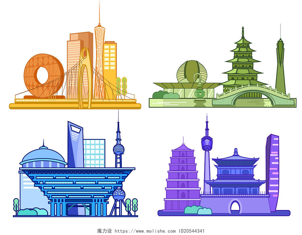 主要城市风景地标建筑群描边插画素材城市剪纸